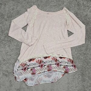 Vanity Womens Large Pink Knit Layered Floral Lace Trim Long Sleeve Top RN61046